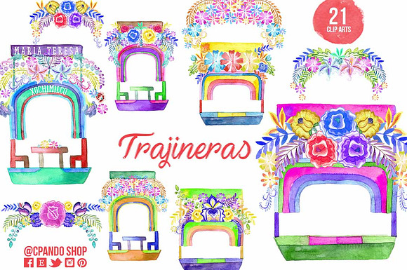 Trajinera Xochimilco mexican clipart in Illustrations - product preview 1