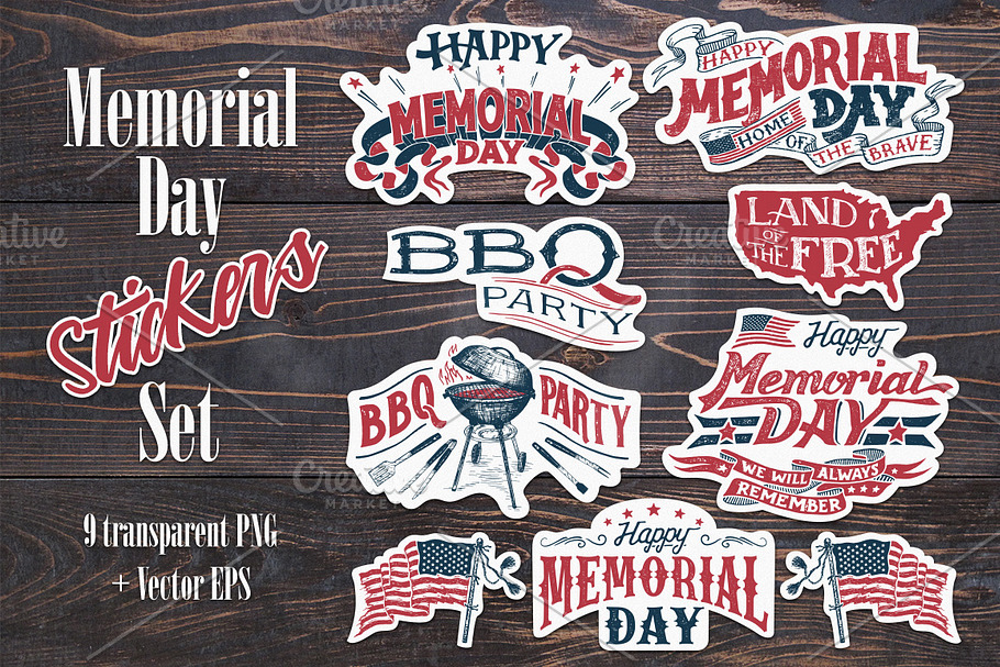 Memorial Day Stickers Set in Objects - product preview 8