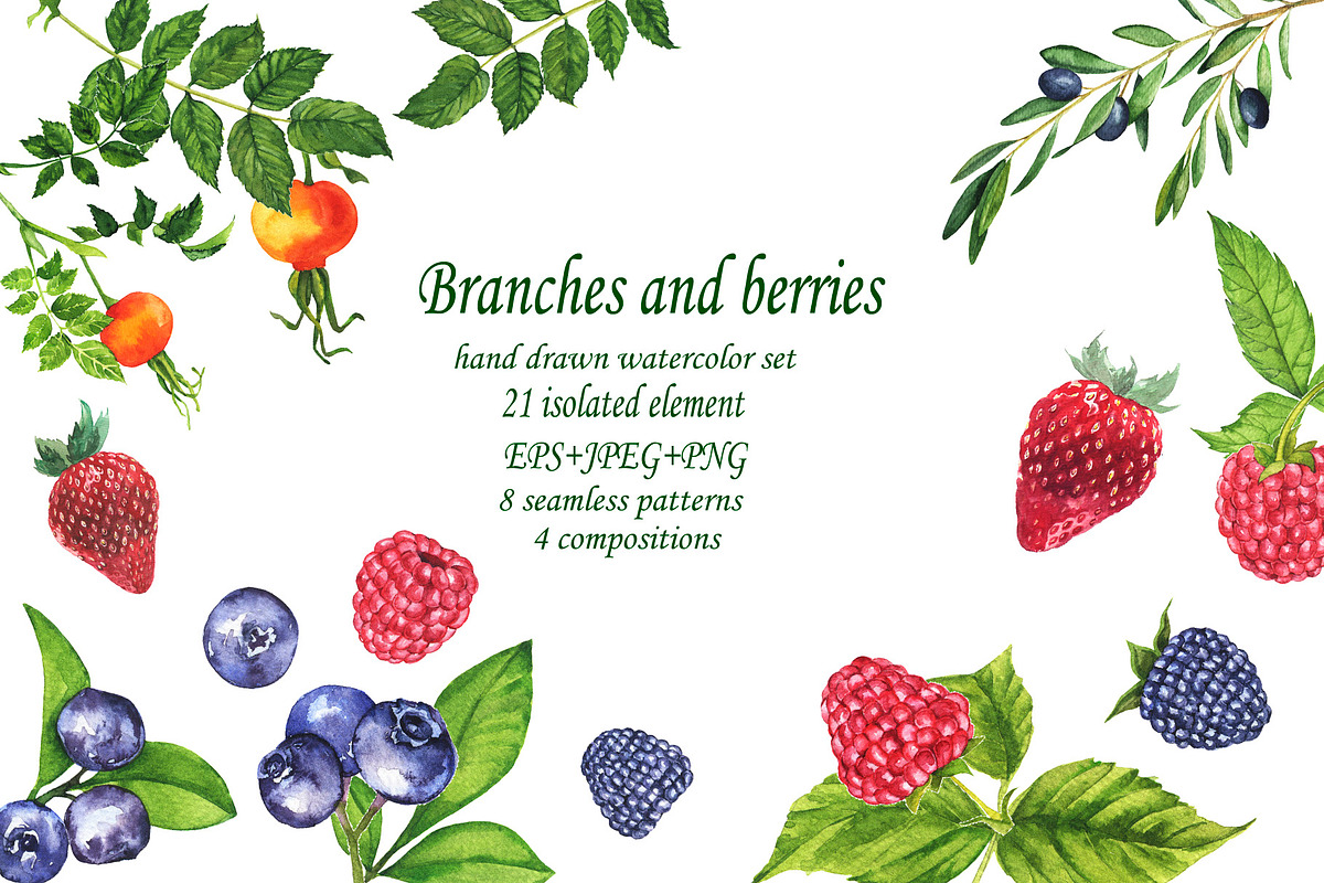 Watercolor berries and branches. in Illustrations - product preview 8