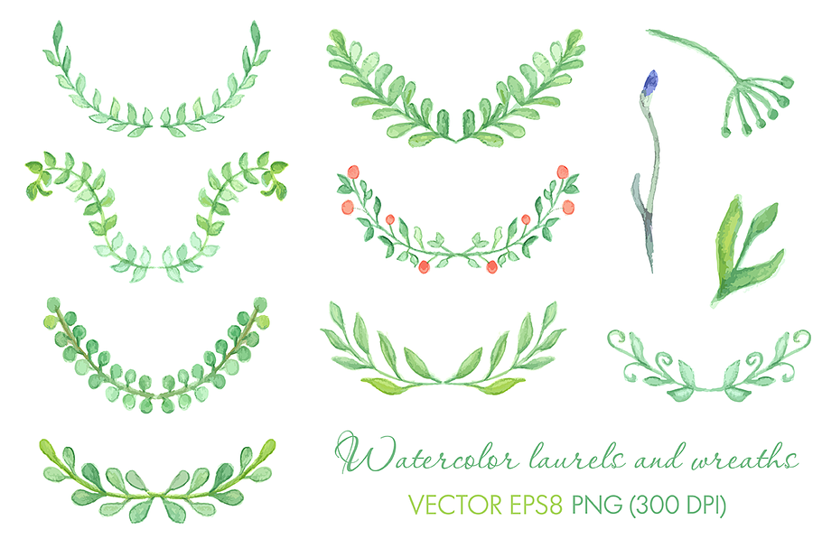 Watercolor laurels and wreaths set