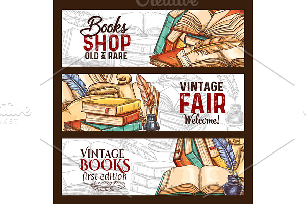 Vector sketch banners vintage books shop fair