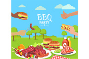BBQ Party Colorful Poster with Cute Summer Park