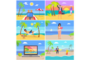 Distant Work People at Seaside Vector Illustration