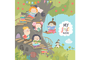 Happy children reading books in the treehouse
