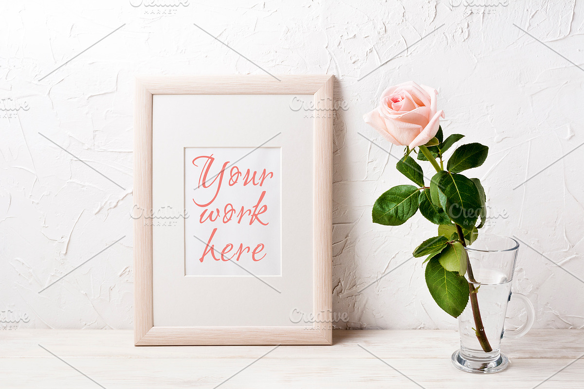 Wooden frame mockup with pink rose in Print Mockups - product preview 8