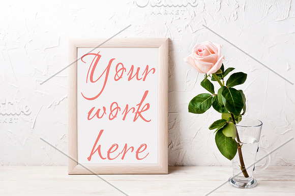 Wooden frame mockup with pink rose in Print Mockups - product preview 1