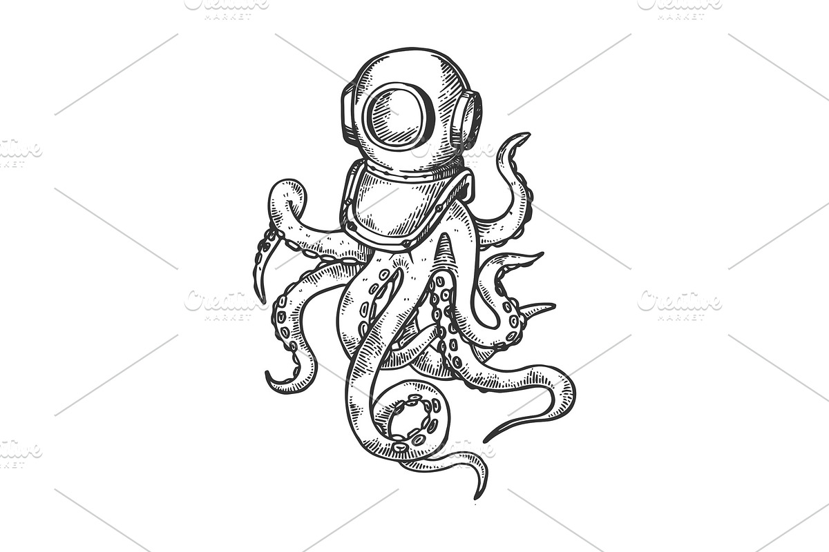 Octopus and old diver helmet engraving vector in Illustrations - product preview 8