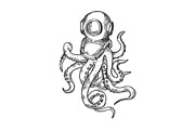 Octopus and old diver helmet engraving vector