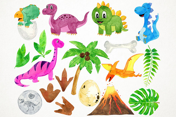 Watercolor Dinosaurs Clipart in Illustrations - product preview 1