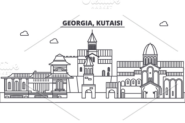 Georgia, Kutaisi line skyline vector illustration. Georgia, Kutaisi linear cityscape with famous landmarks, city sights, vector landscape. 