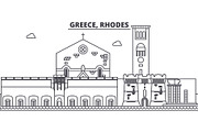 Greece, Rhodes line skyline vector illustration. Greece, Rhodes linear cityscape with famous landmarks, city sights, vector landscape. 