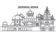 Indonesia, Medan line skyline vector illustration. Indonesia, Medan linear cityscape with famous landmarks, city sights, vector landscape. 