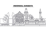 Indonesia, Surabaya line skyline vector illustration. Indonesia, Surabaya linear cityscape with famous landmarks, city sights, vector landscape. 