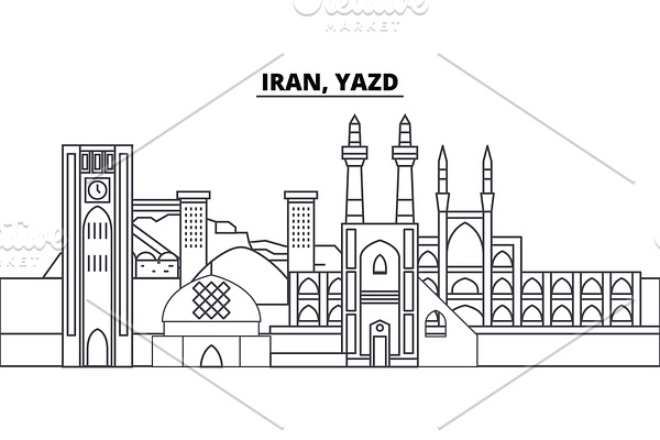 Iran, Yazd line skyline vector illustration. Iran, Yazd linear cityscape with famous landmarks, city sights, vector landscape. 