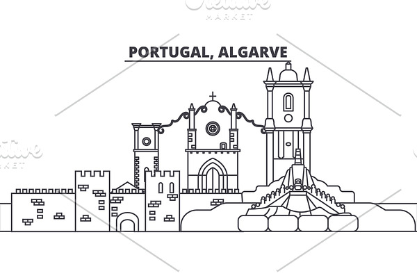 Portugal, Algarve line skyline vector illustration. Portugal, Algarve linear cityscape with famous landmarks, city sights, vector landscape. 