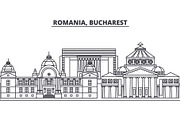 Romania, Bucharest line skyline vector illustration. Romania, Bucharest linear cityscape with famous landmarks, city sights, vector landscape. 
