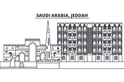 Saudi Arabia, Jeddah line skyline vector illustration. Saudi Arabia, Jeddah linear cityscape with famous landmarks, city sights, vector landscape. 