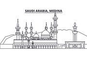 Saudi Arabia, Medina line skyline vector illustration. Saudi Arabia, Medina linear cityscape with famous landmarks, city sights, vector landscape. 