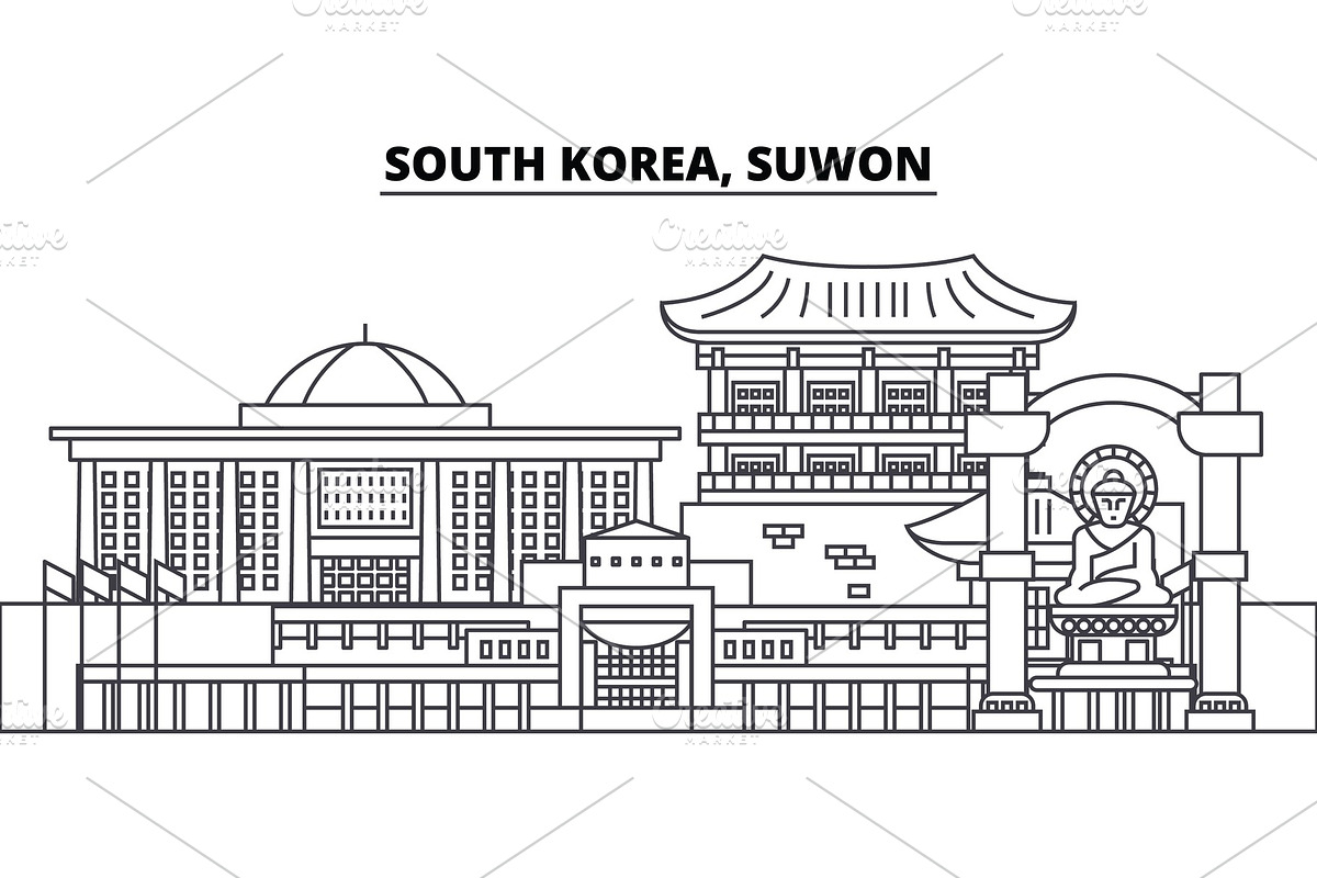 South Korea, Suwon line skyline vector illustration. South Korea, Suwon linear cityscape with famous landmarks, city sights, vector landscape.  in Illustrations - product preview 8