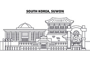 South Korea, Suwon line skyline vector illustration. South Korea, Suwon linear cityscape with famous landmarks, city sights, vector landscape. 