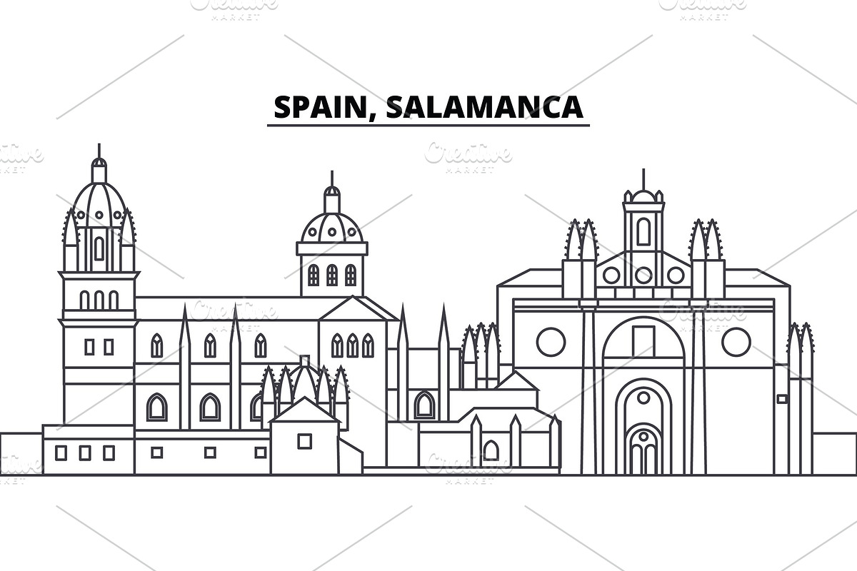 Spain, Salamanca line skyline vector illustration. Spain, Salamanca linear cityscape with famous landmarks, city sights, vector landscape.  in Illustrations - product preview 8