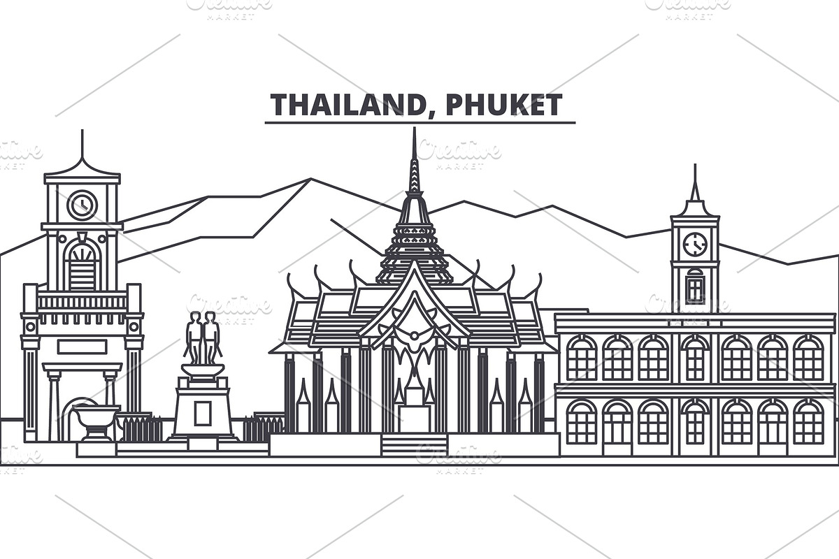 Thailand, Phuket line skyline vector illustration. Thailand, Phuket linear cityscape with famous landmarks, city sights, vector landscape.  in Illustrations - product preview 8