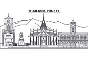 Thailand, Phuket line skyline vector illustration. Thailand, Phuket linear cityscape with famous landmarks, city sights, vector landscape. 