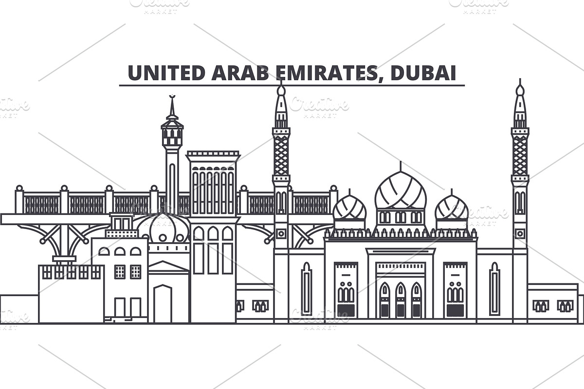 United Arab Emirates, Dubai line skyline vector illustration. United Arab Emirates, Dubai linear cityscape with famous landmarks, city sights, vector landscape.  in Illustrations - product preview 8