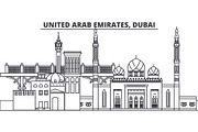 United Arab Emirates, Dubai line skyline vector illustration. United Arab Emirates, Dubai linear cityscape with famous landmarks, city sights, vector landscape. 