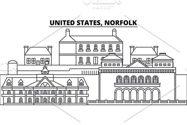 United States, Norfolk line skyline vector illustration. United States, Norfolk linear cityscape with famous landmarks, city sights, vector landscape. 
