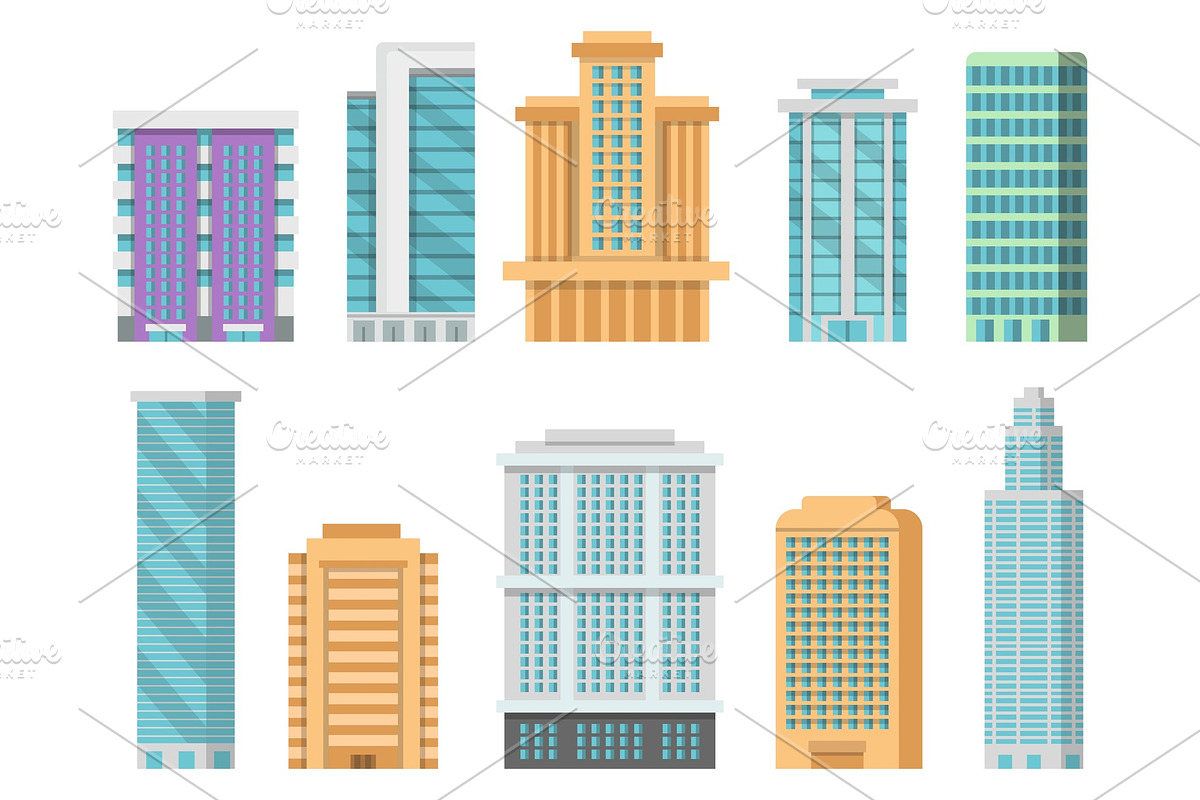 Flat illustrations of various modern skyscrapers and other business buildings in Graphics - product preview 8