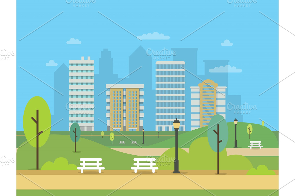 Urban landscape with various buildings and green central park. Illustrations of modern city in Graphics - product preview 8