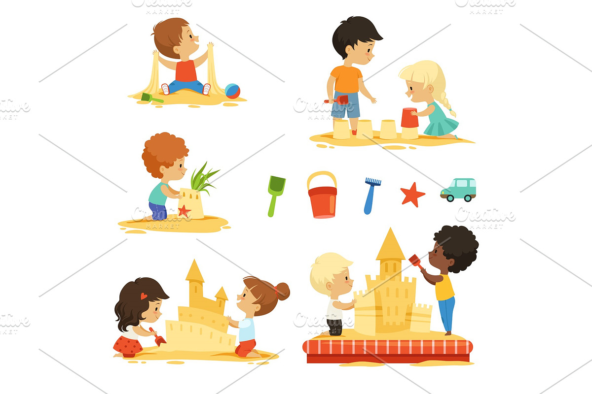Active kids playing in the sandbox. Happy characters isolate in Graphics - product preview 8