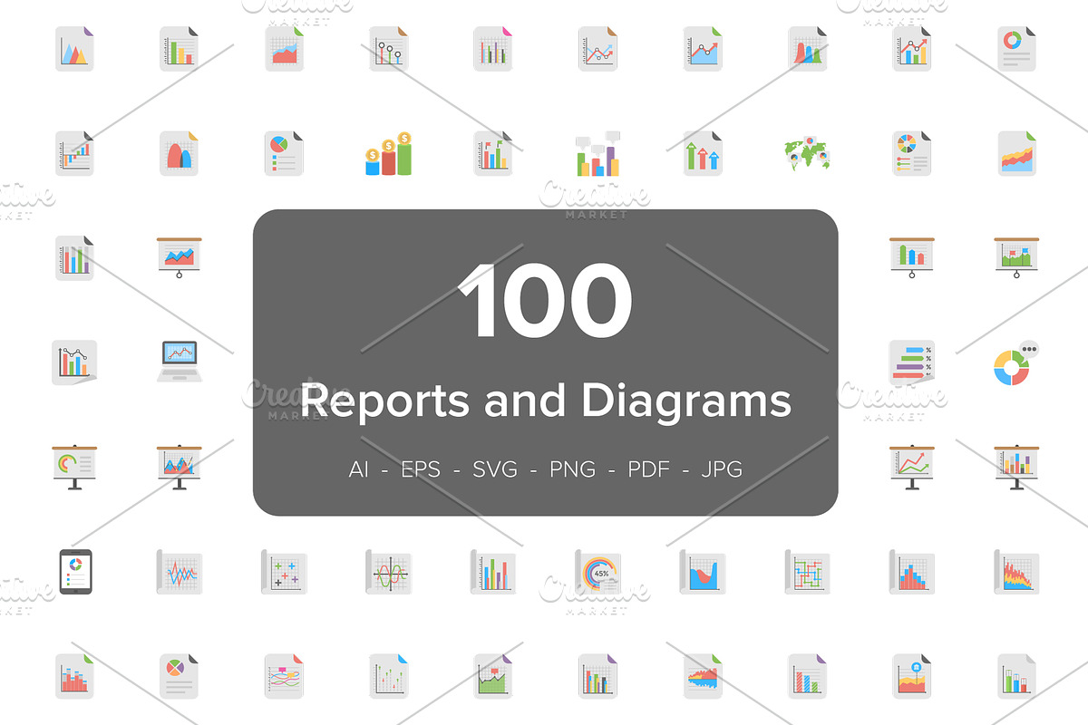 100 Reports and Diagrams Flat Icons in Graphics - product preview 8