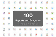 100 Reports and Diagrams Flat Icons