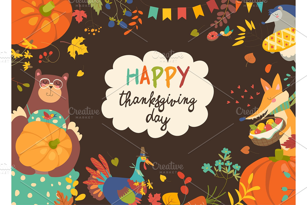 Frame of Thanksgiving day with cute animals and vegetables in Illustrations - product preview 8