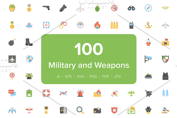 100 Military and Weapons Flat Icons 