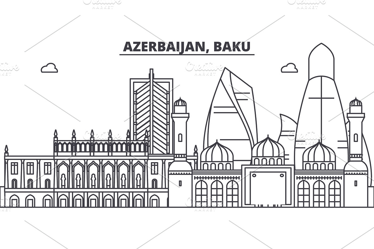 Azerbaijan, Baku line skyline vector illustration. Azerbaijan, Baku linear cityscape with famous landmarks, city sights, vector landscape.  in Illustrations - product preview 8