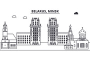 Belarus, Minsk line skyline vector illustration. Belarus, Minsk linear cityscape with famous landmarks, city sights, vector landscape. 