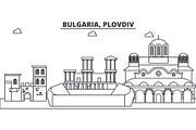 Bulgaria, Plovdiv line skyline vector illustration. Bulgaria, Plovdiv linear cityscape with famous landmarks, city sights, vector landscape. 