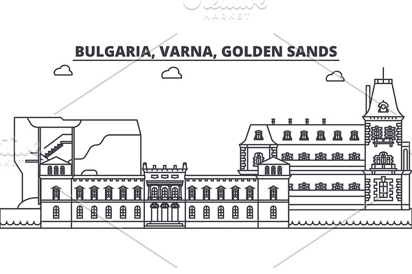 Bulgaria, Varna, Golden Sands line skyline vector illustration. Bulgaria, Varna, Golden Sands linear cityscape with famous landmarks, city sights, vector landscape. 