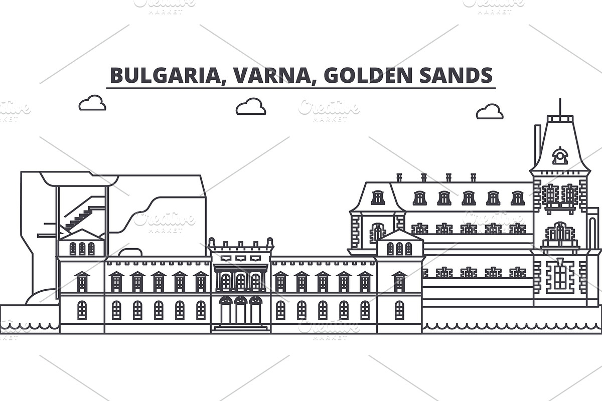 Bulgaria, Varna, Golden Sands line skyline vector illustration. Bulgaria, Varna, Golden Sands linear cityscape with famous landmarks, city sights, vector landscape.  in Illustrations - product preview 8