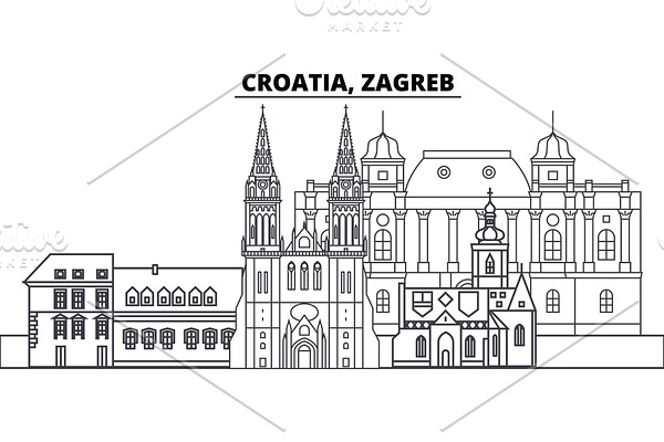 Croatia, Zagreb line skyline vector illustration. Croatia, Zagreb linear cityscape with famous landmarks, city sights, vector landscape. 