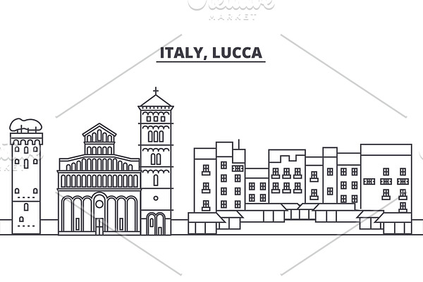 Italy, Lucca line skyline vector illustration. Italy, Lucca linear cityscape with famous landmarks, city sights, vector landscape. 