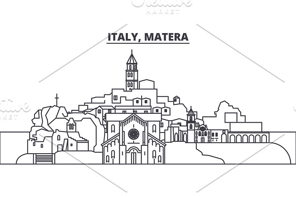 Italy, Matera line skyline vector illustration. Italy, Matera linear cityscape with famous landmarks, city sights, vector landscape. 