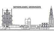 Netherlands, Groningen line skyline vector illustration. Netherlands, Groningen linear cityscape with famous landmarks, city sights, vector landscape. 