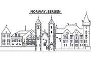Norway, Bergen line skyline vector illustration. Norway, Bergen linear cityscape with famous landmarks, city sights, vector landscape. 