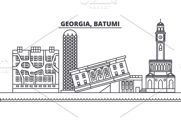 Georgia, Batumi line skyline vector illustration. Georgia, Batumi linear cityscape with famous landmarks, city sights, vector landscape. 