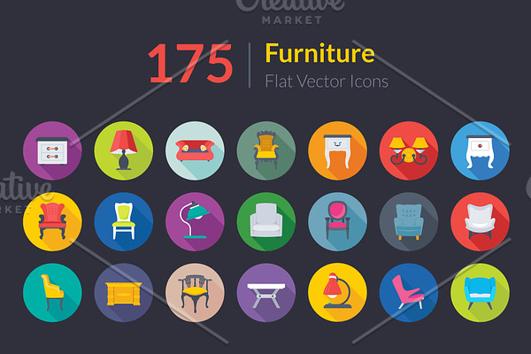 175 Flat Rounded Furniture Icons