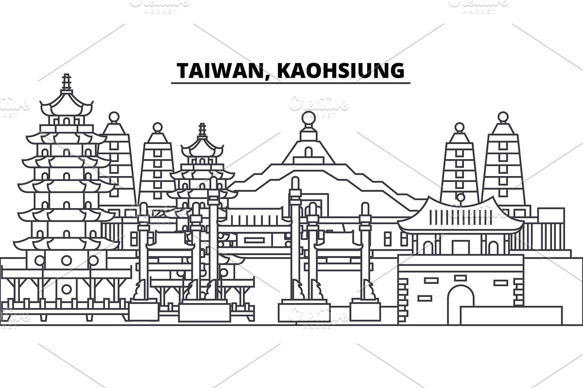 Taiwan, Kaohsiung line skyline vector illustration. Taiwan, Kaohsiung linear cityscape with famous landmarks, city sights, vector landscape.  in Illustrations - product preview 8